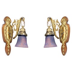 Antique Pair of Rococo / Louis XV wall sconces in gilded bronze, walnut and glass tulips