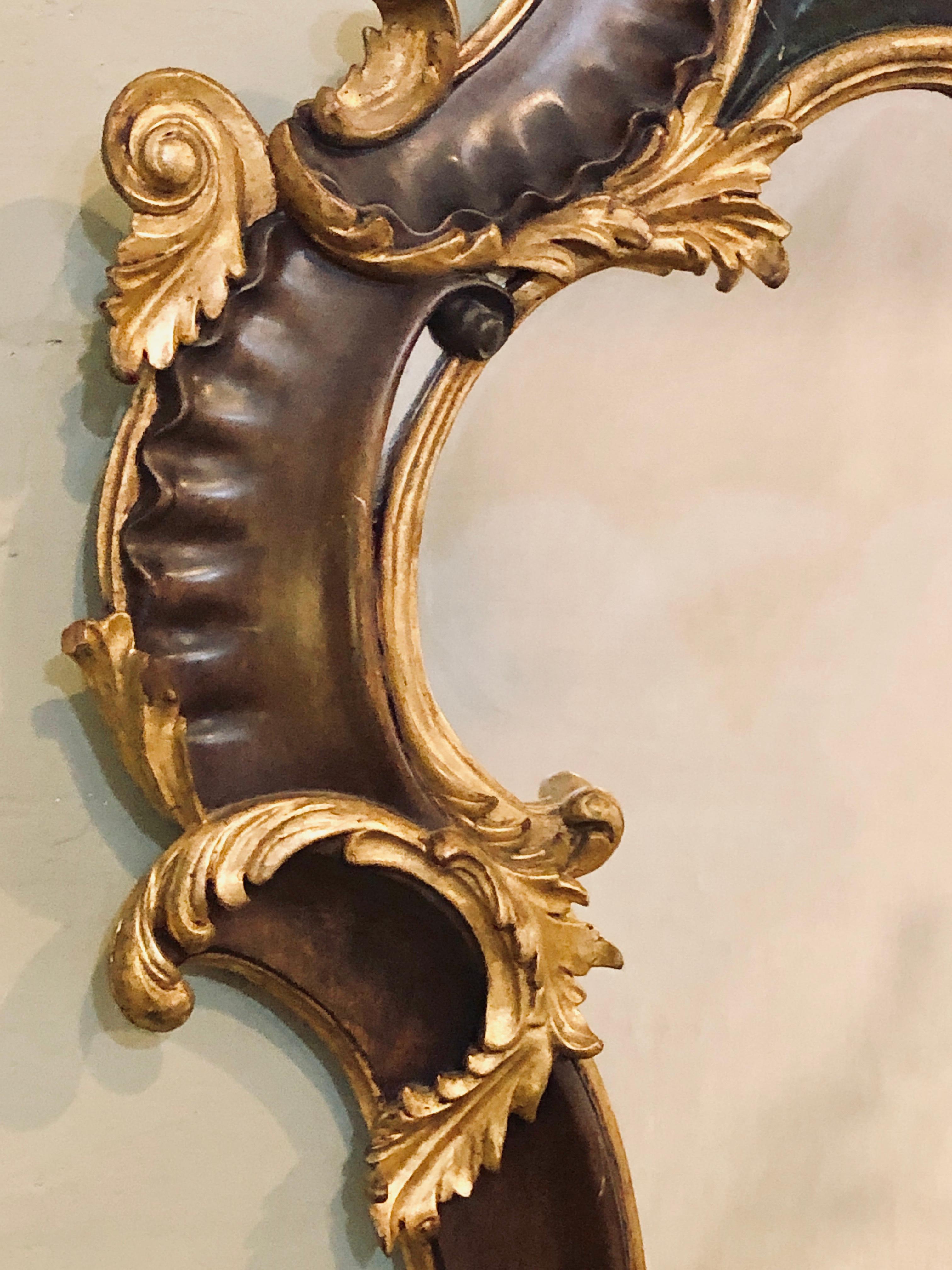 Pair of Rococo Mahogany Gilt Decorated Carved Wall / Pier or Console Mirrors In Good Condition In Stamford, CT