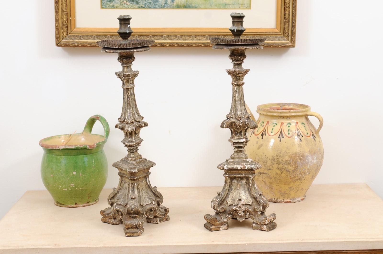Pair of Rococo Period 18th Century Italian Painted and Carved Candlesticks For Sale 5
