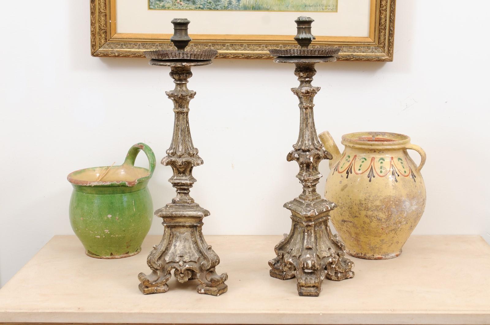 Pair of Rococo Period 18th Century Italian Painted and Carved Candlesticks For Sale 6