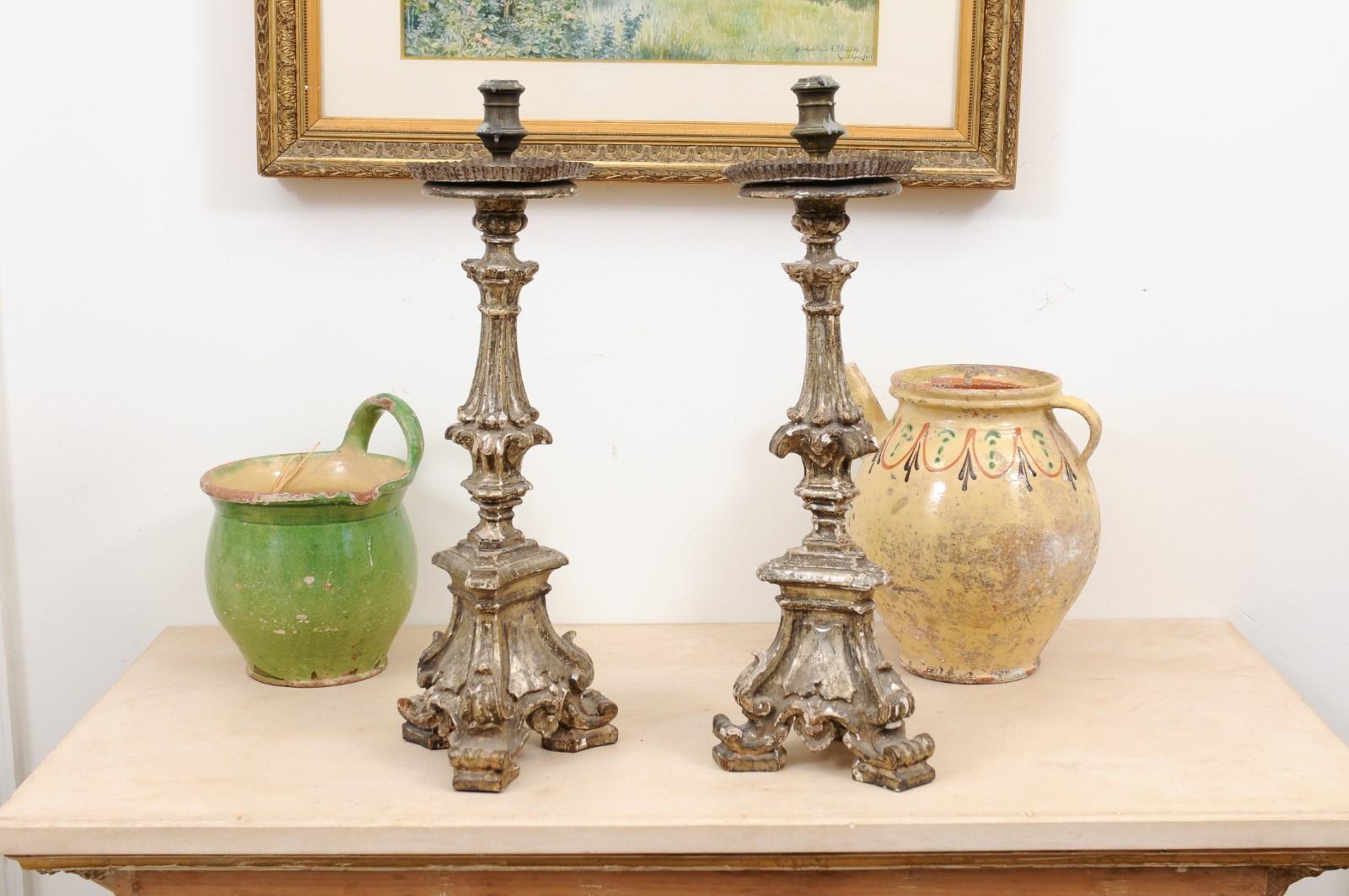 Pair of Rococo Period 18th Century Italian Painted and Carved Candlesticks For Sale 7