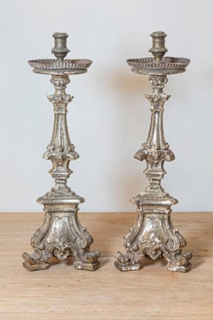 Pair of Rococo Period 18th Century Italian Painted and Carved Candlesticks