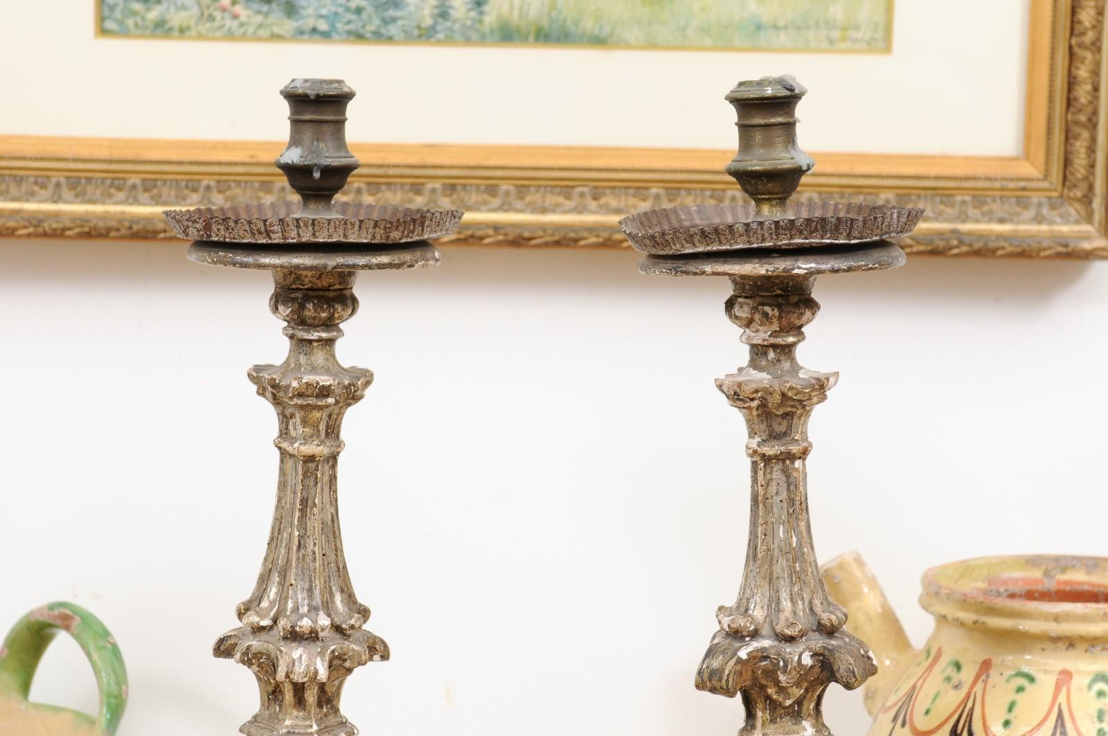 18th Century and Earlier Pair of Rococo Period 18th Century Italian Painted and Carved Candlesticks For Sale