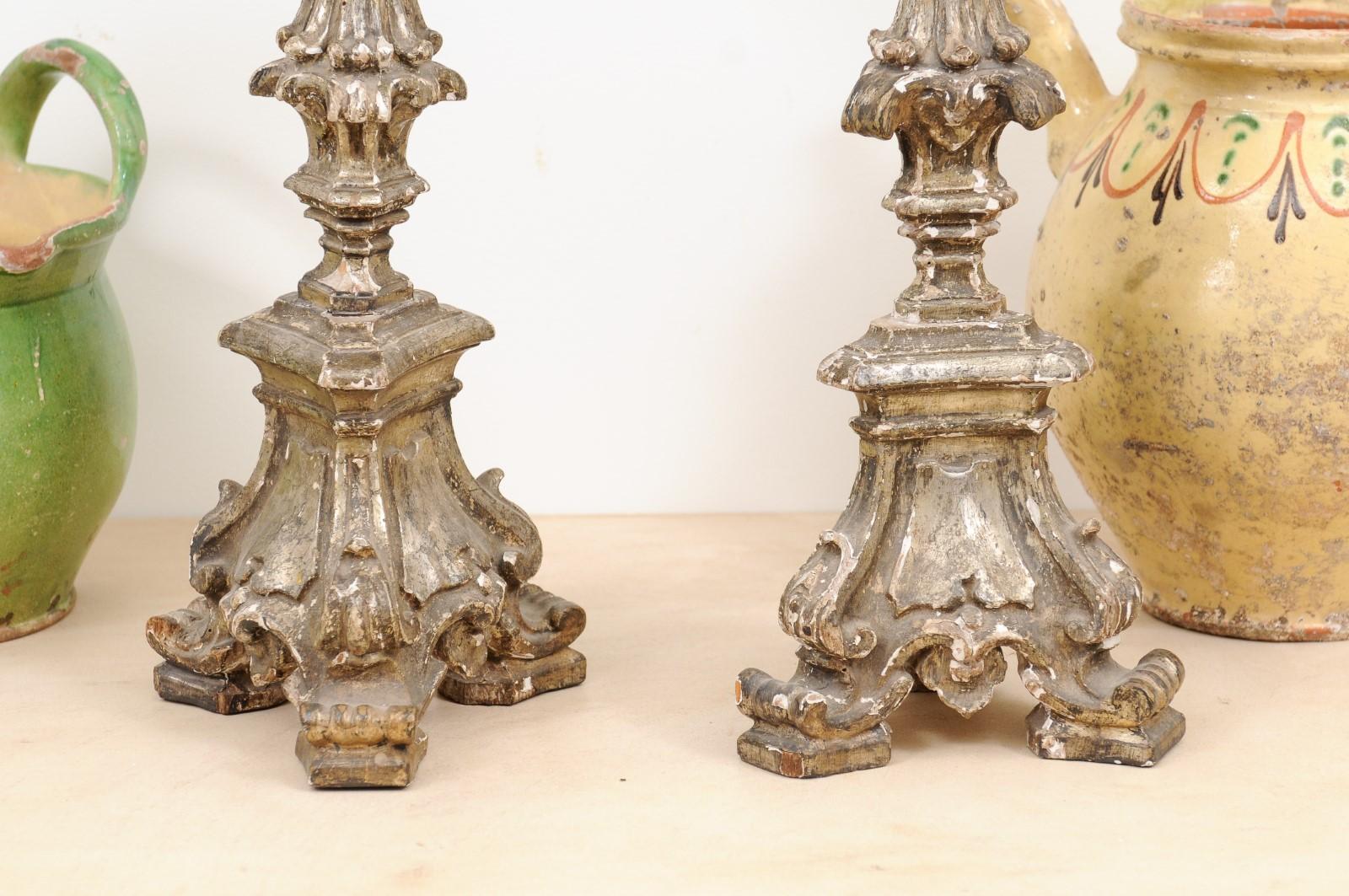 Wood Pair of Rococo Period 18th Century Italian Painted and Carved Candlesticks For Sale