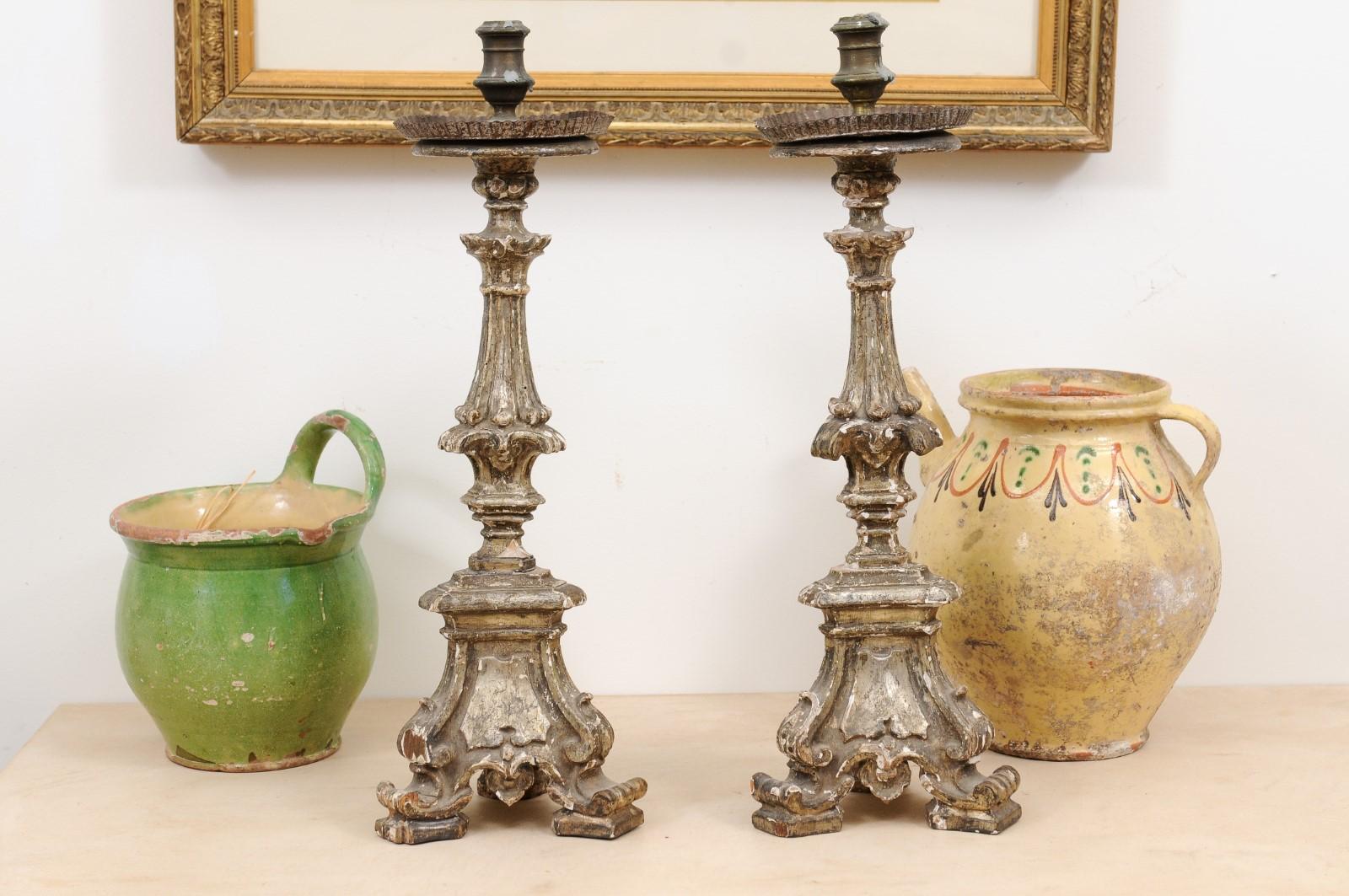 Pair of Rococo Period 18th Century Italian Painted and Carved Candlesticks For Sale 1
