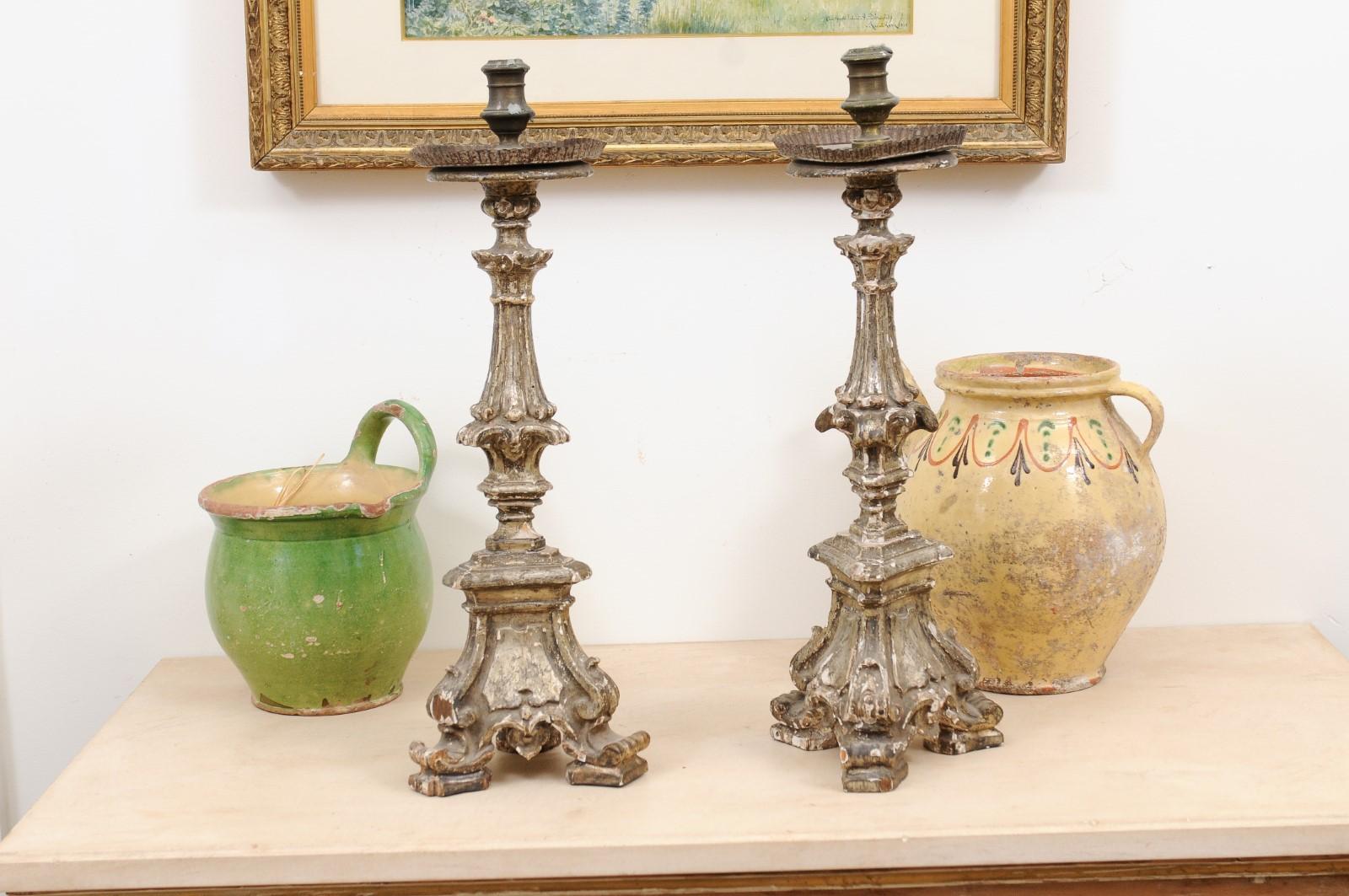 Pair of Rococo Period 18th Century Italian Painted and Carved Candlesticks For Sale 2