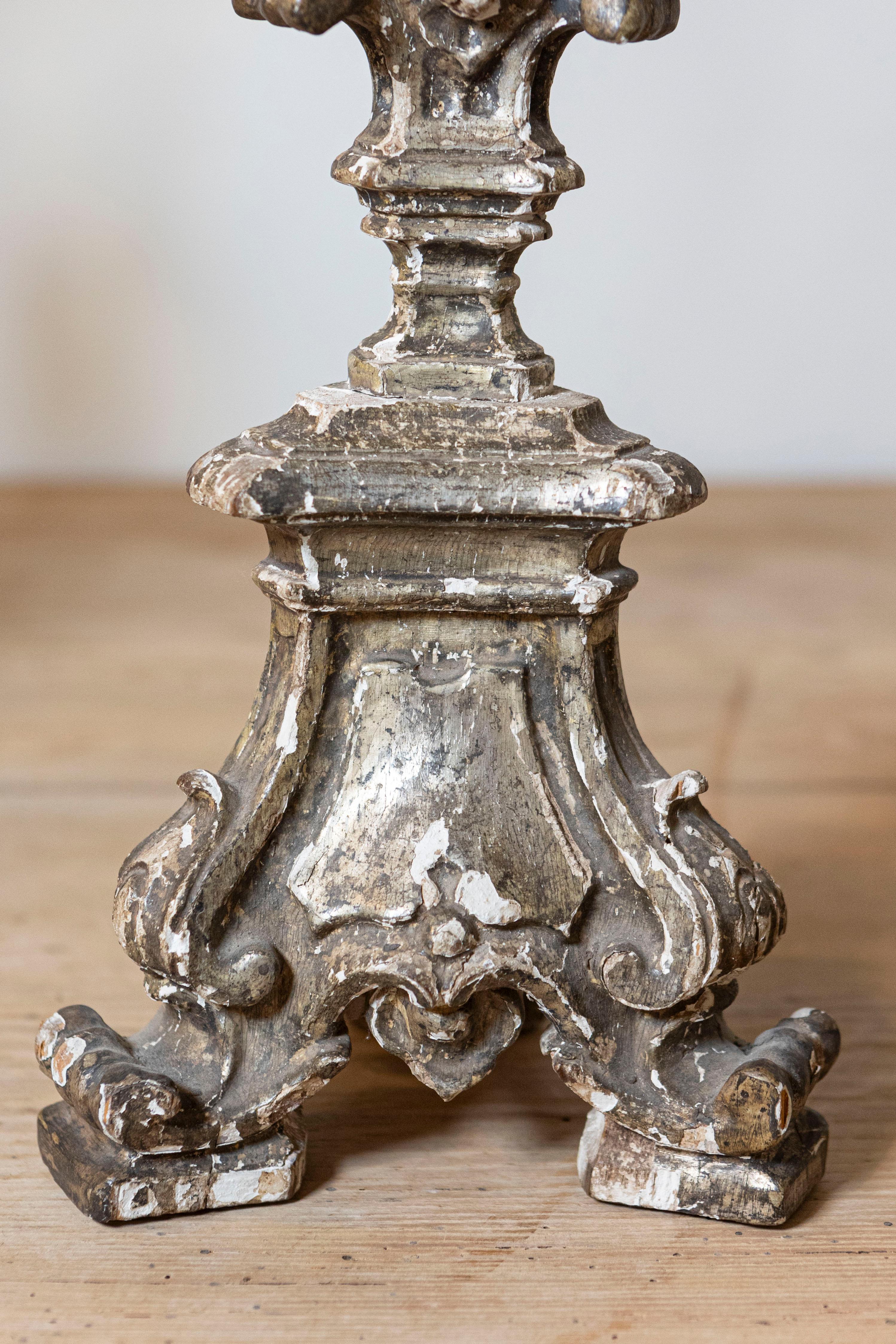 Pair of Rococo Period 18th Century Italian Painted and Carved Candlesticks For Sale 2