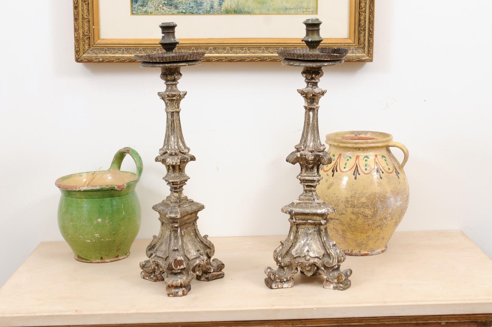 Pair of Rococo Period 18th Century Italian Painted and Carved Candlesticks For Sale 3