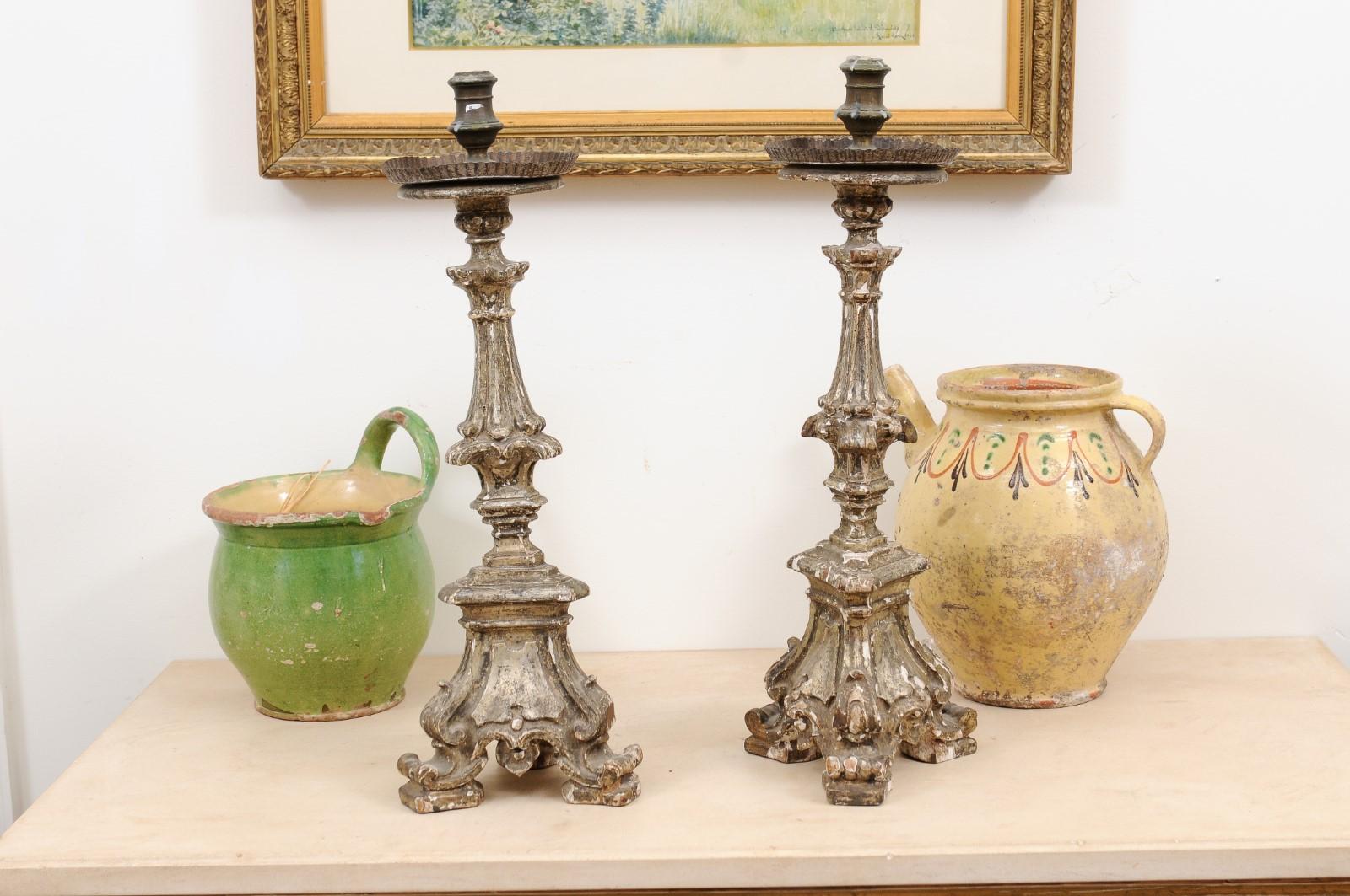 Pair of Rococo Period 18th Century Italian Painted and Carved Candlesticks For Sale 4
