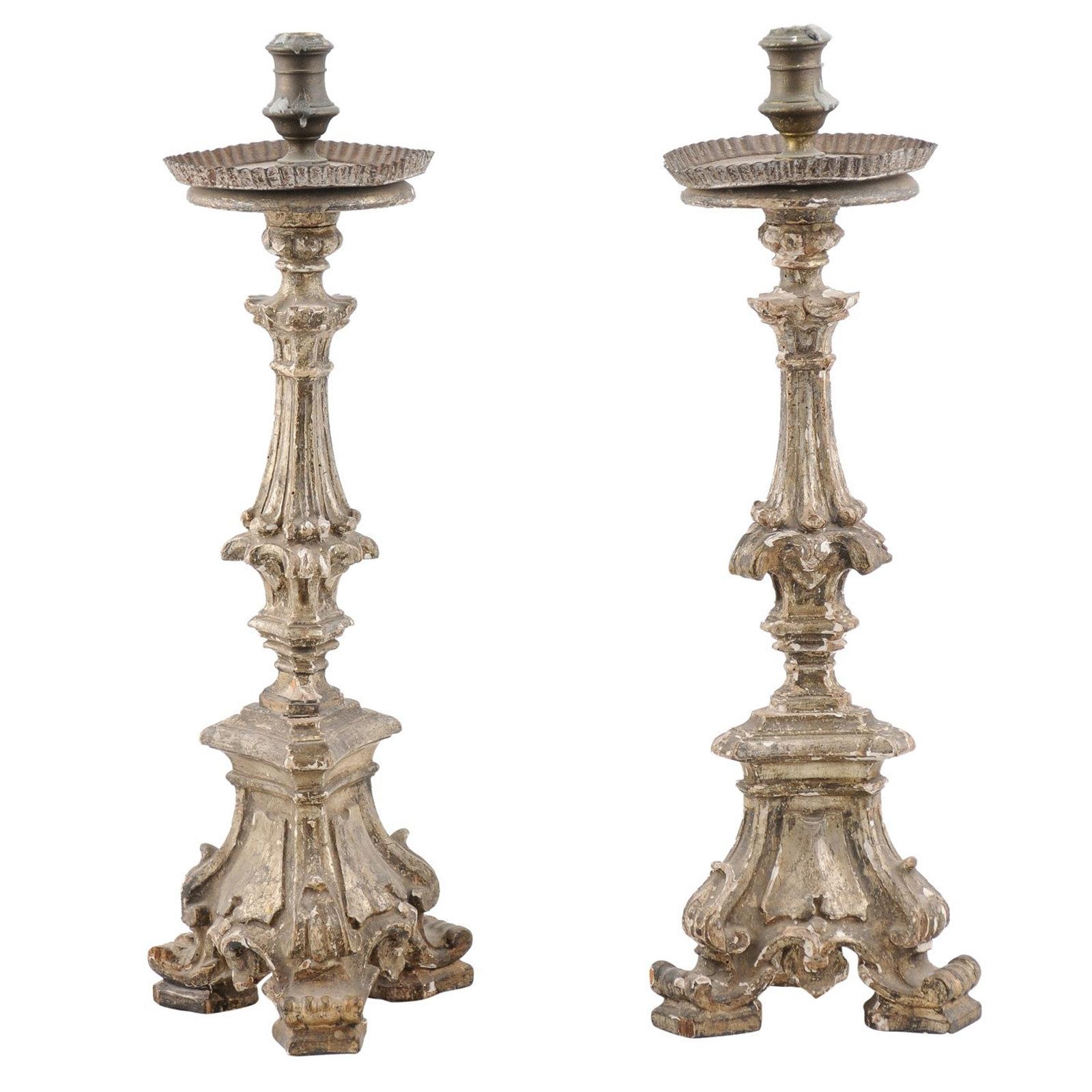 Pair of Rococo Period 18th Century Italian Painted and Carved Candlesticks For Sale