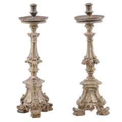 Antique Pair of Rococo Period 18th Century Italian Painted and Carved Candlesticks