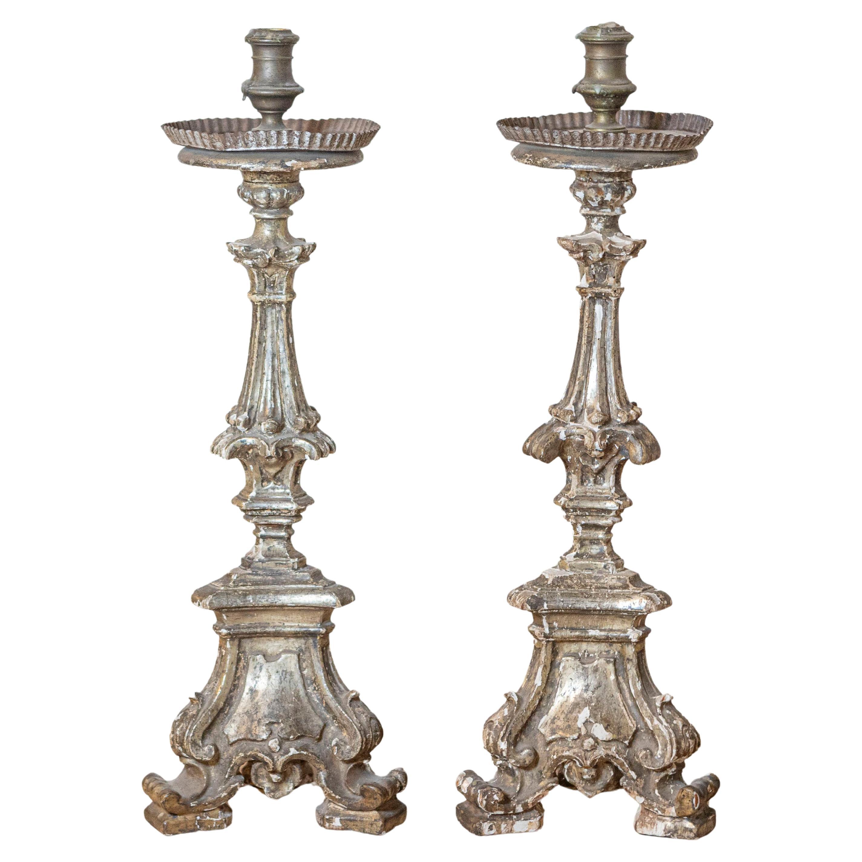 Pair of Rococo Period 18th Century Italian Painted and Carved Candlesticks For Sale