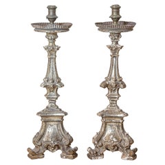 Antique Pair of Rococo Period 18th Century Italian Painted and Carved Candlesticks