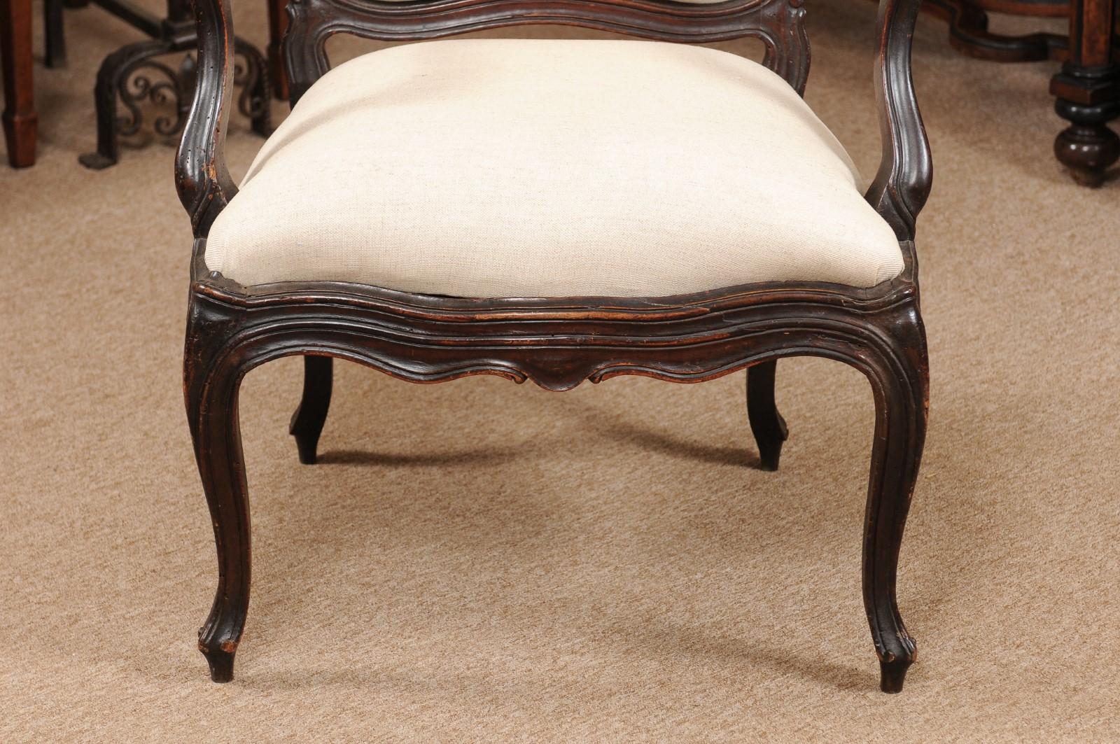 Pair of Rococo Period Walnut Armchairs, Genova, Italy Mid-18th Century For Sale 1