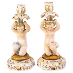 Antique Pair of Rococo Polychrome Putti Cherubs Porcelain Candlesticks 19th Century 