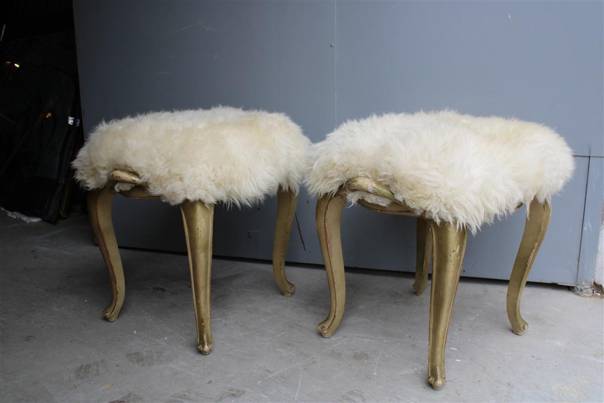 Mid-Century Modern Pair of Rococò Rectangular Stools with Sheepskin Italy 1950s For Sale