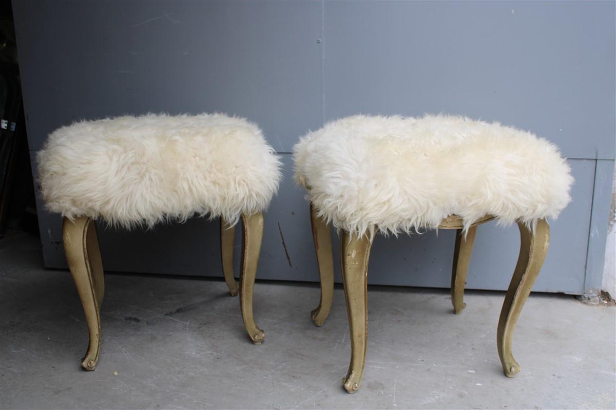 Italian Pair of Rococò Rectangular Stools with Sheepskin Italy 1950s For Sale