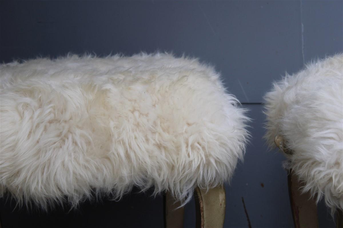 Mid-20th Century Pair of Rococò Rectangular Stools with Sheepskin Italy 1950s For Sale
