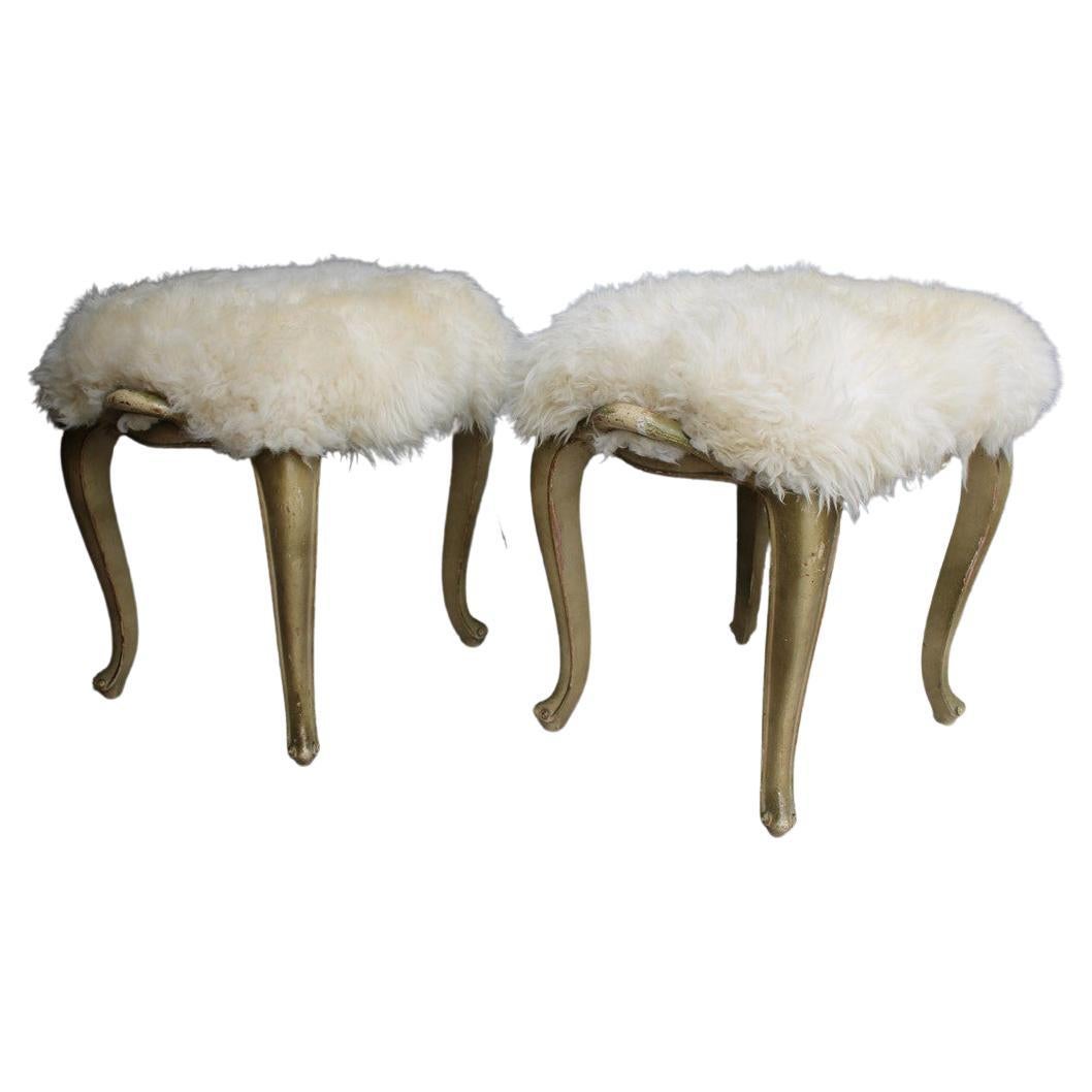 Pair of Rococò Rectangular Stools with Sheepskin Italy 1950s For Sale