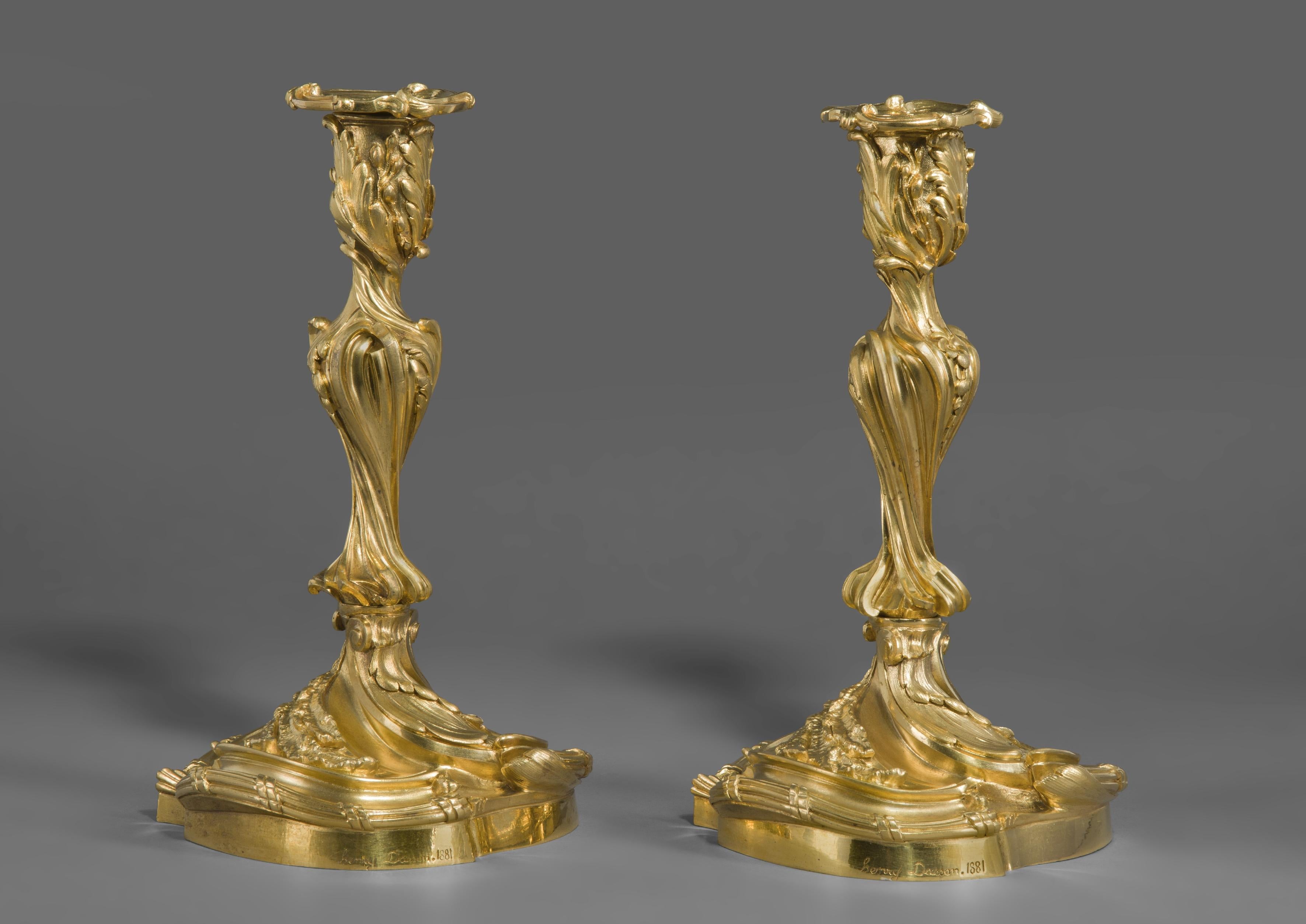 French Pair of Rococo Revival Three-Light Candelabra by Henry Dasson, Dated 1881