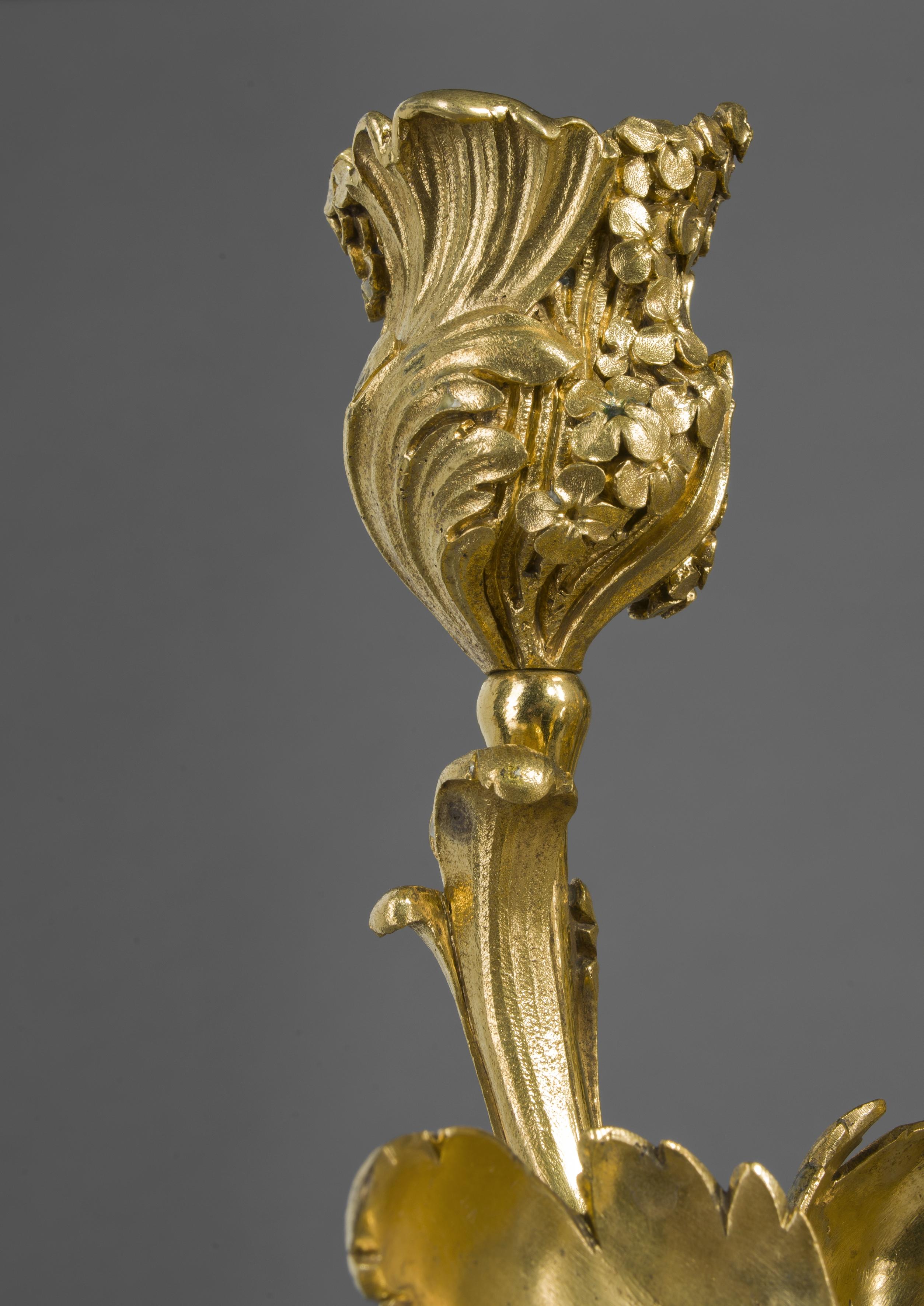 Gilt Pair of Rococo Revival Three-Light Candelabra by Henry Dasson, Dated 1881