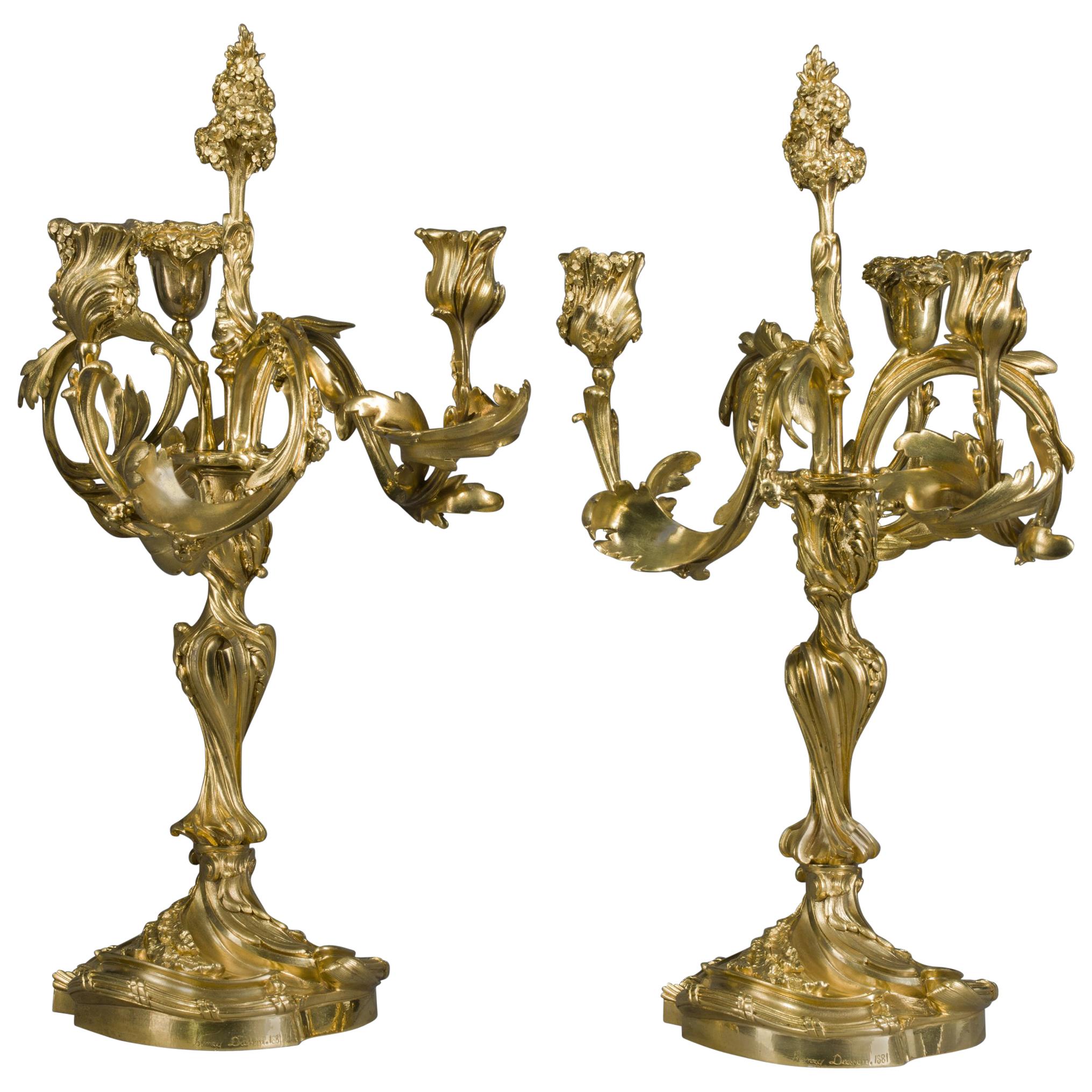 Pair of Rococo Revival Three-Light Candelabra by Henry Dasson, Dated 1881