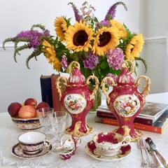 Samuel Alcock Pair of Porcelain Rococo Revival Vases, Maroon and Flowers