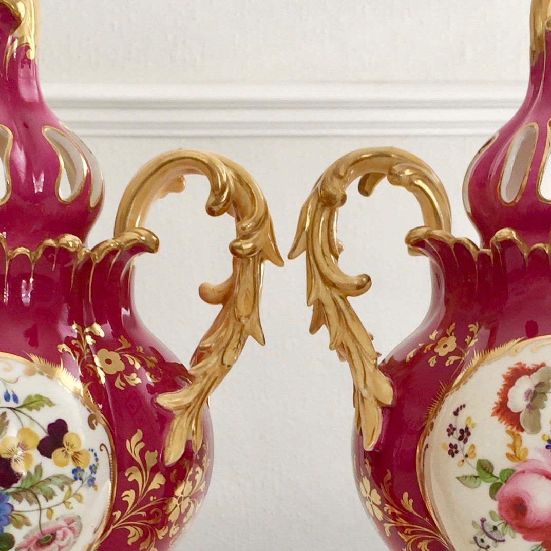 Samuel Alcock Pair of Porcelain Rococo Revival Vases, Maroon and Flowers 1