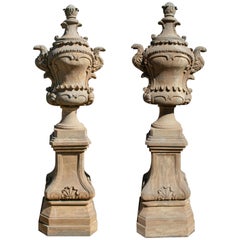 Pair of Rococo Stone Urns with Bases and Lids Aged to Look Antique