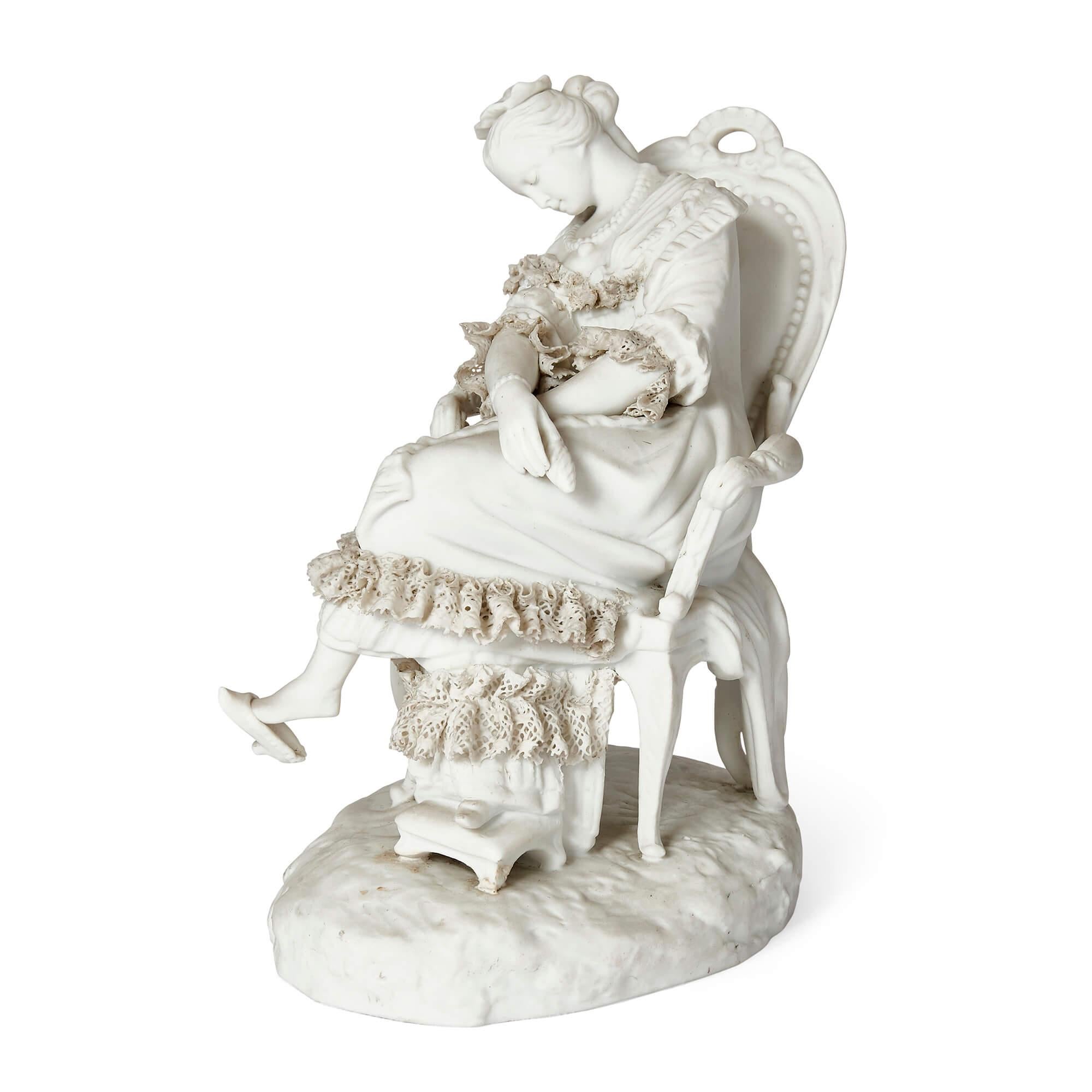 Pair of Rococo style bisque porcelain female figures
French, late 19th century
One figure: Height 19cm, width 14cm, depth 10cm
Other figure: Height 17cm, width 14cm, depth 10cm

These charming Rococo style figures are crafted from bisque