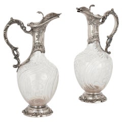 Antique Pair of Rococo Style Cut Glass and Silver Jugs by Charles Hack