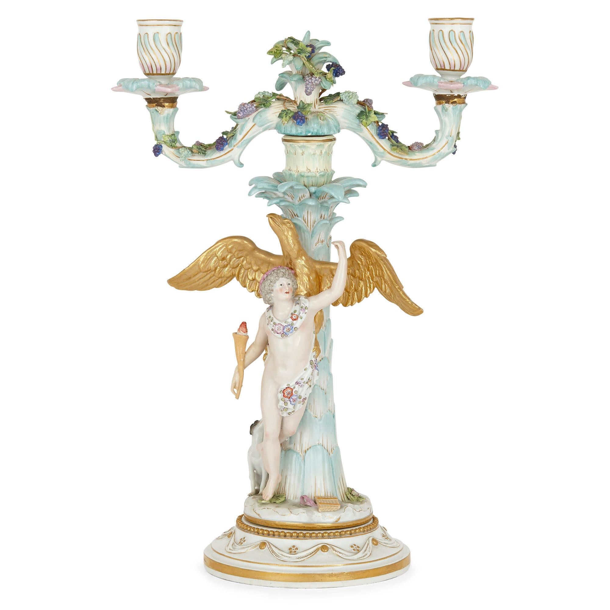 Pair of Rococo Style German Meissen Porcelain Candelabras In Good Condition For Sale In London, GB