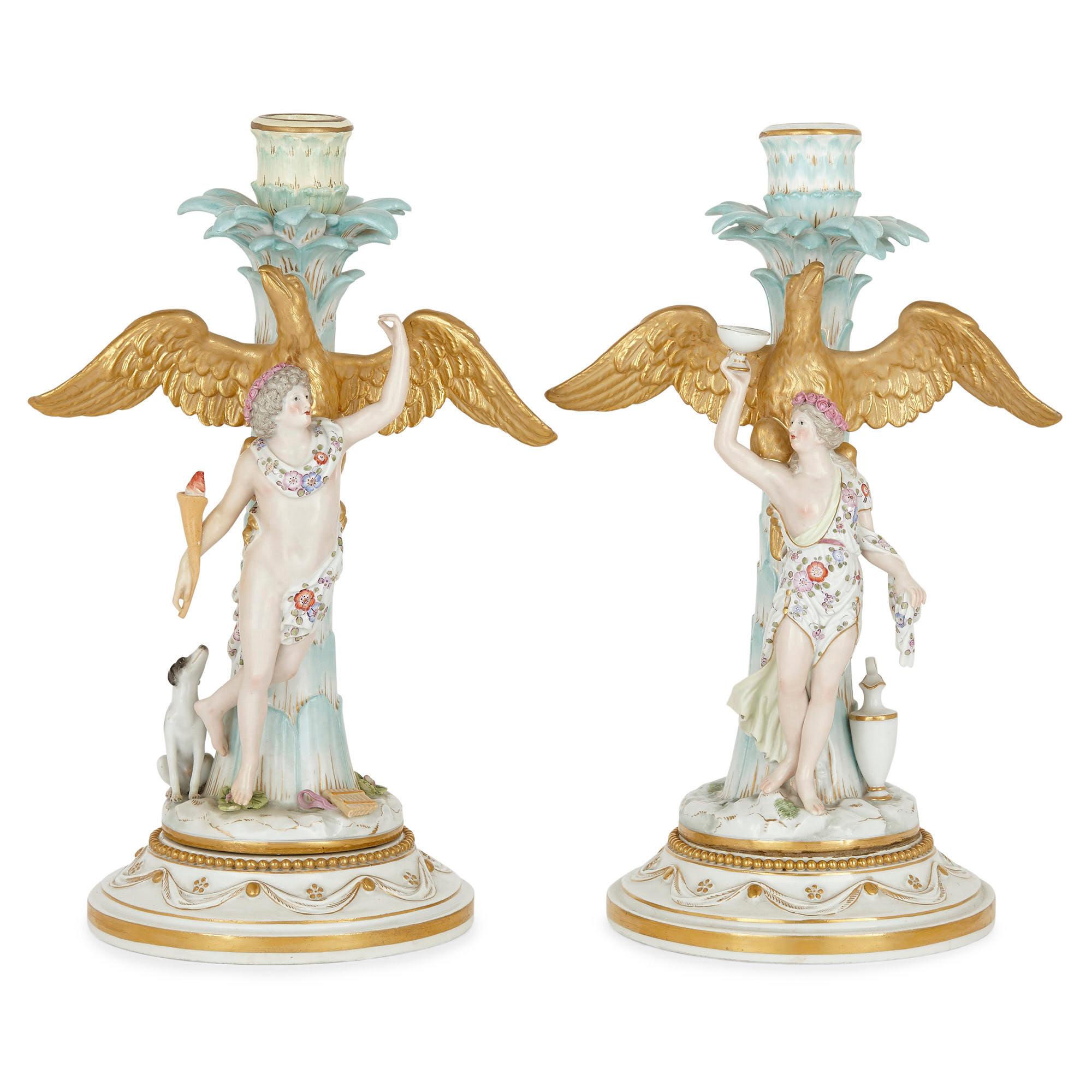 Allemand Paire de candélabres en porcelaine allemande de Meissen de style rococo en vente