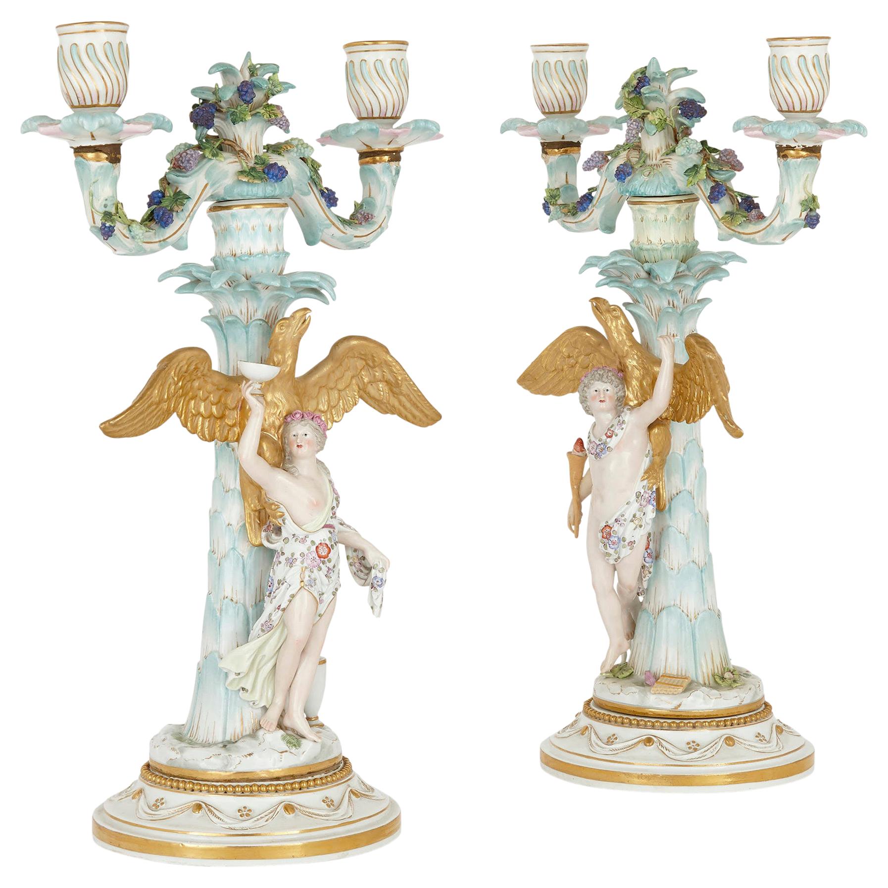 Pair of Rococo Style German Meissen Porcelain Candelabras For Sale