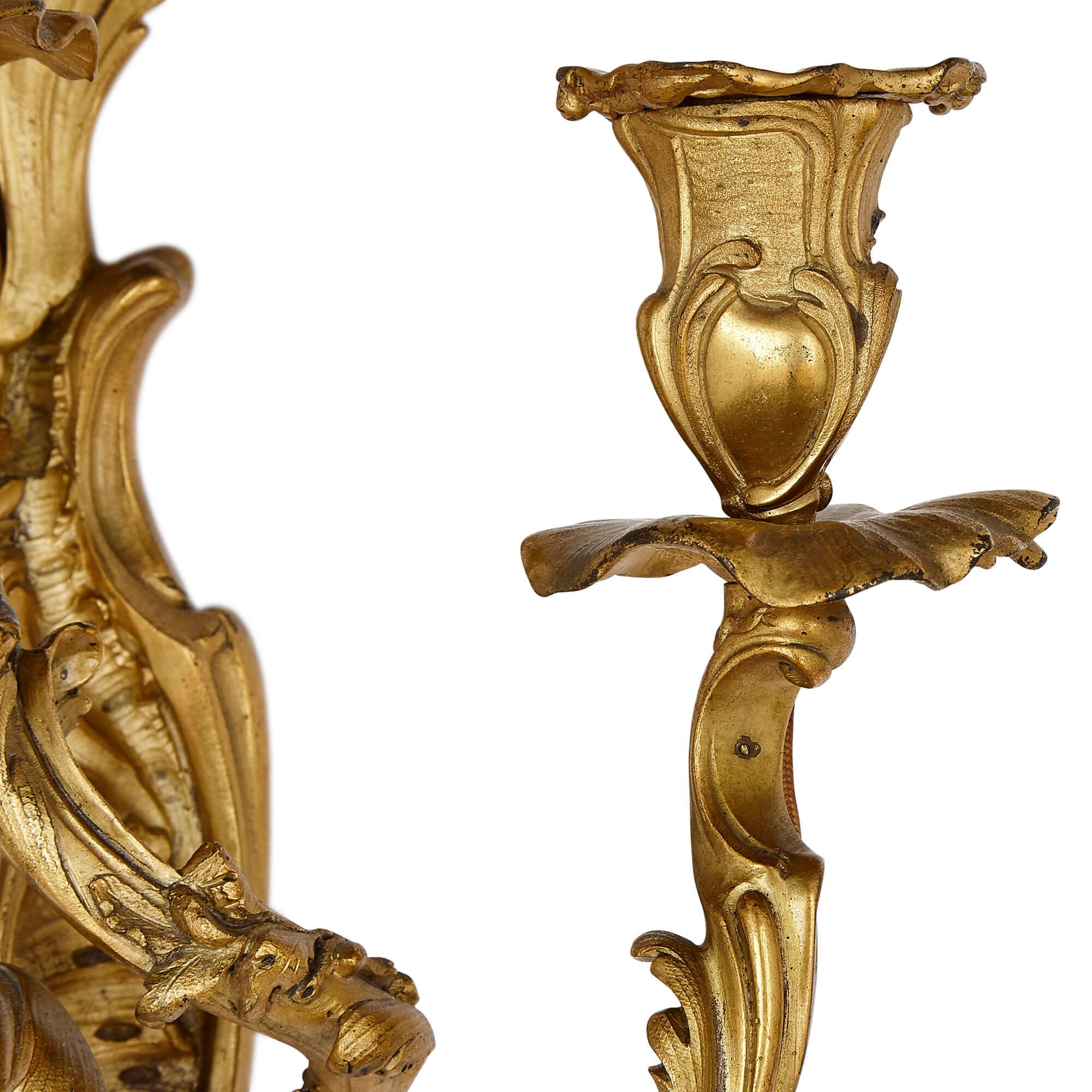 Louis XV Pair of Rococo Style Gilt Bronze Sconces For Sale