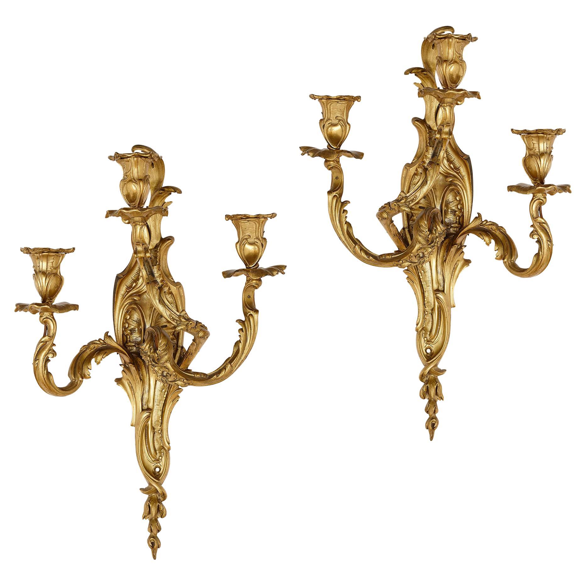 Pair of Rococo Style Gilt Bronze Sconces For Sale