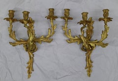 Pair of Rococo Style Gilt Bronze Three Arm Wall Candelabra Sconces
