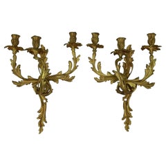 Pair of Rococo Style Gilt Bronze Three Arm Wall Candelabra Sconces