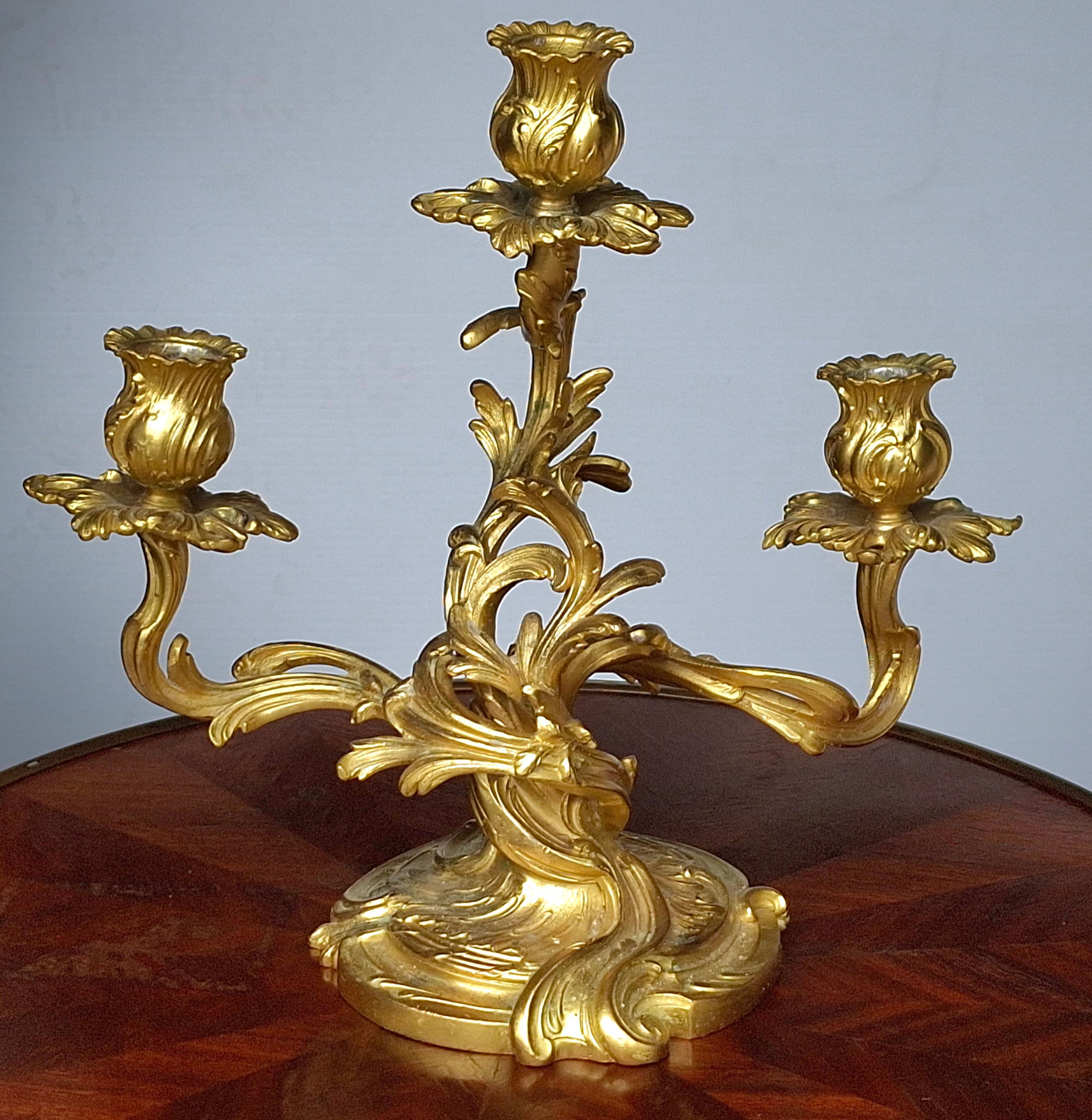 Coppia di candelabri a tre luci in stile rococò del 20° secolo, dorati e dorati In condizioni buone in vendita a Germantown, MD