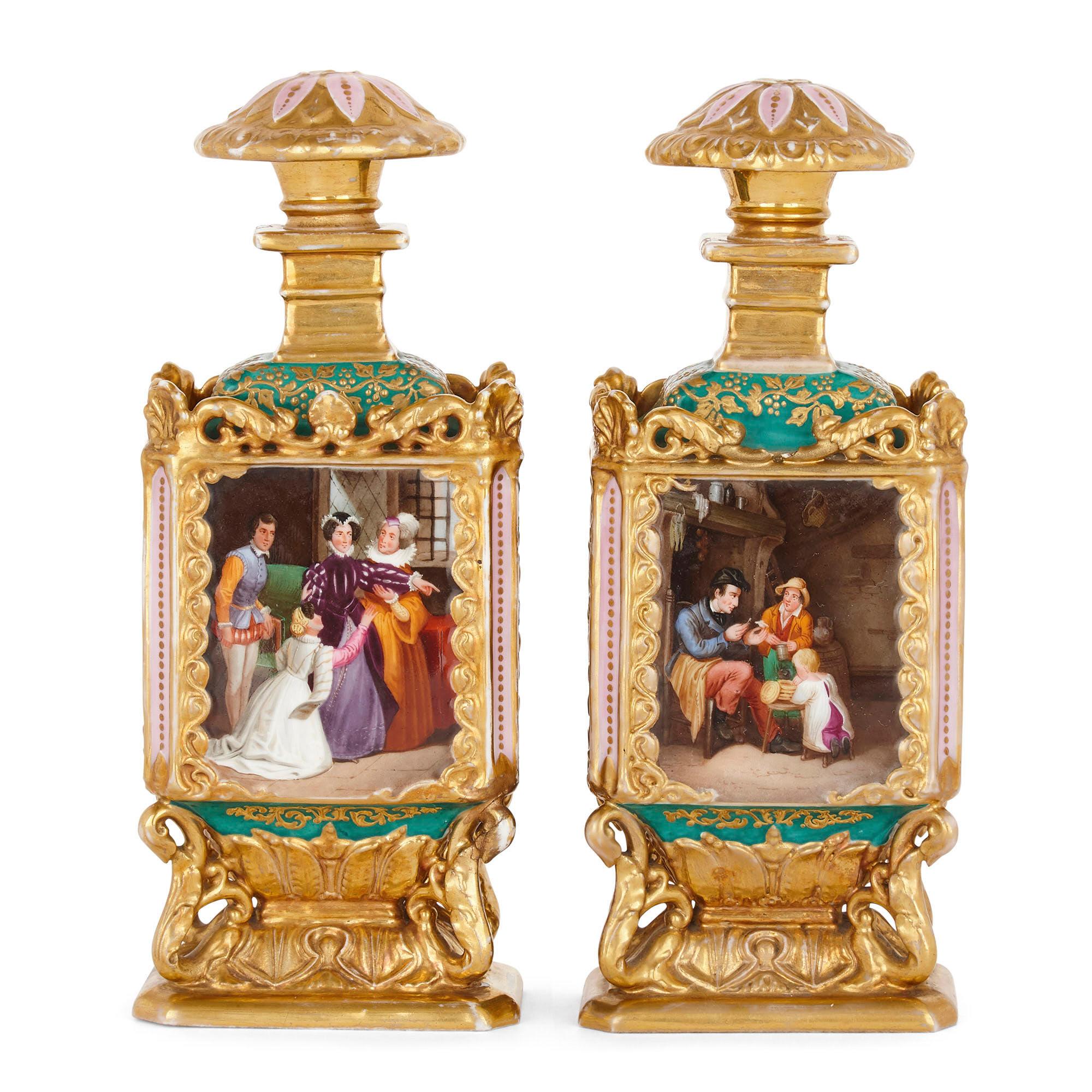 Pair of Rococo style gilt porcelain bottles probably by Jacob Petit
French, 19th century
Measures: Height 22.5cm, width 9cm, depth 6cm

This pair of bottles, attributed to Jacob Petit, is crafted from fine porcelain. Each square-shaped bottle is