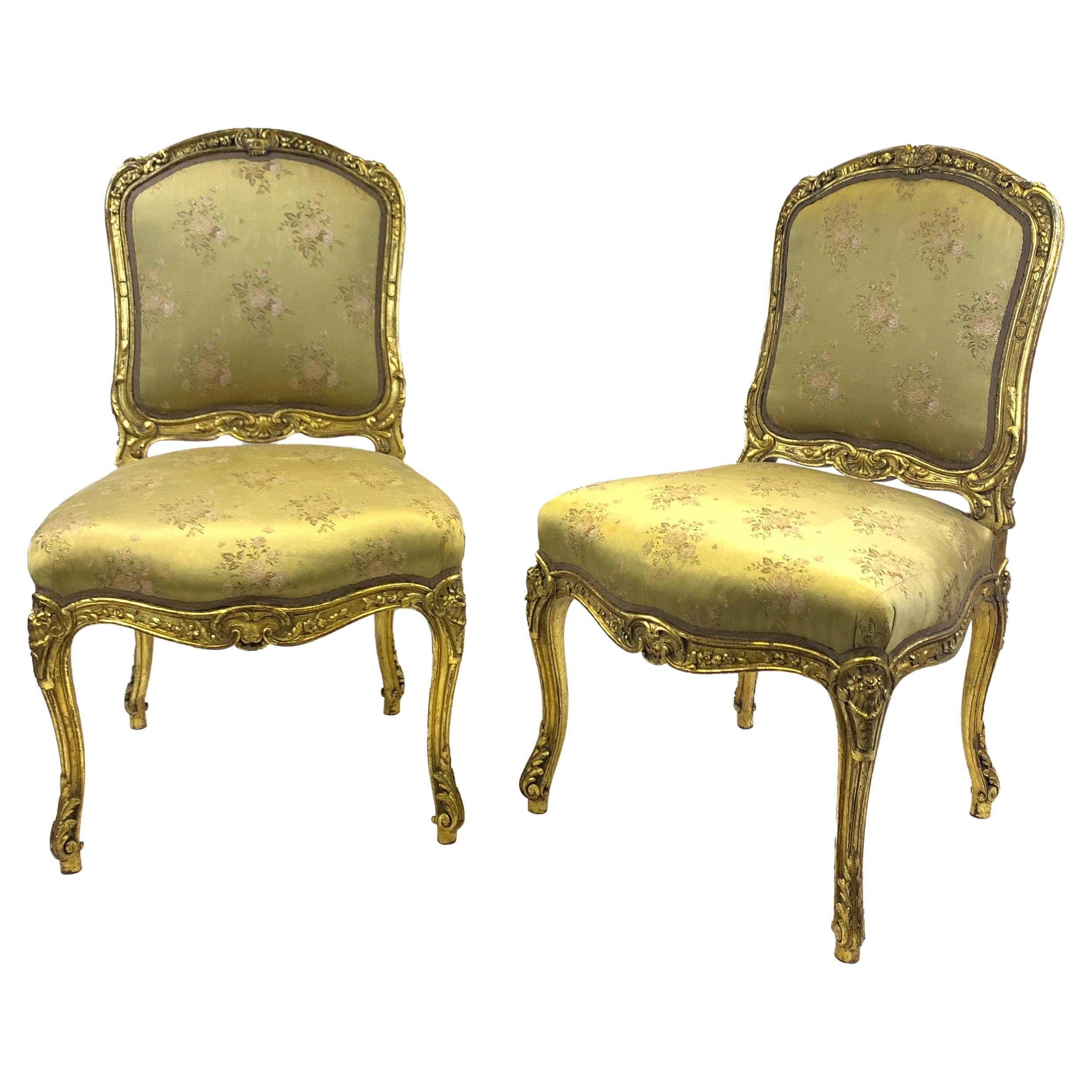 Pair of Rococo Style Gilt Wood Side Chairs, Late 19th Century For Sale