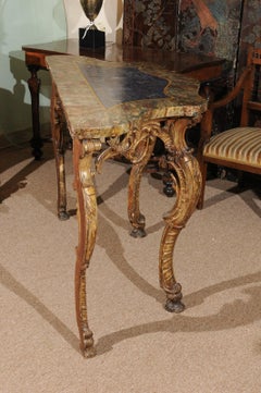 Pair of Rococo Style Giltwood Consoles with Marbleized Tops, 18th Century Italy