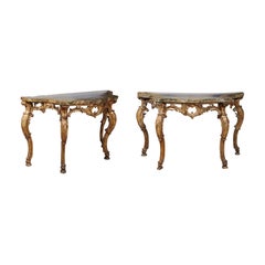 Pair of Rococo Style Giltwood Consoles with Marbleized Tops, 18th Century Italy