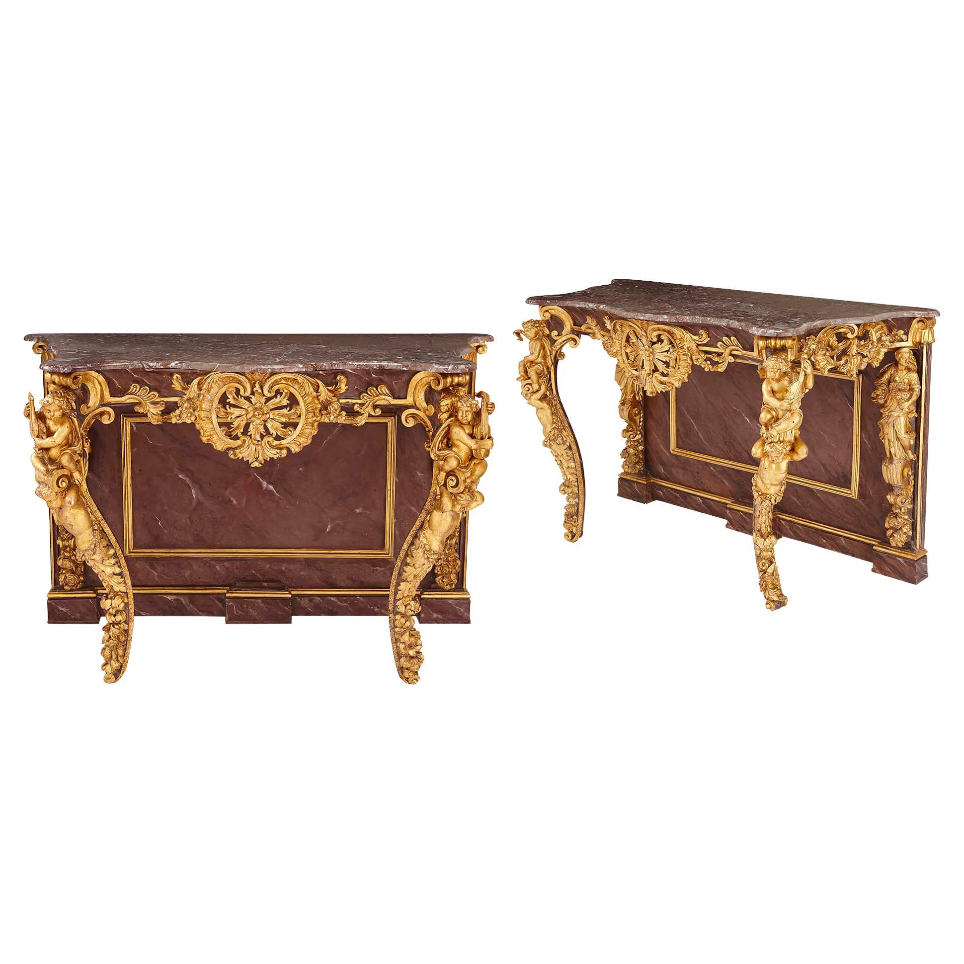 Paire de tables de pilier de style rococo en bois doré et marbre italien