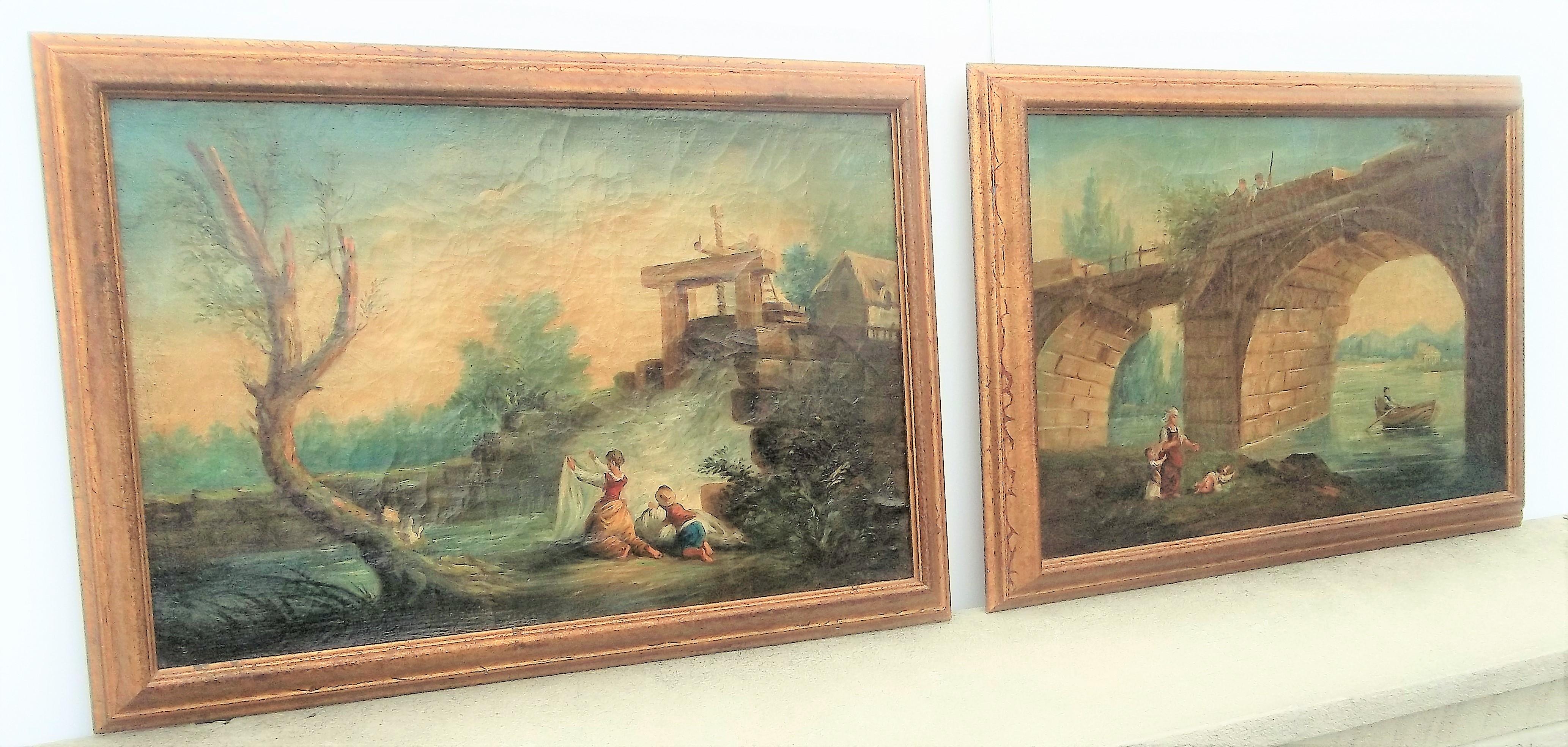 Early to Mid-19th century. Very colorful. 

The Bridge
The Mill

Craquelure throughout as visible in photos. 
Later frames.
Later frames (mid-20th century), typical wear

Sight of canvas: 16.5