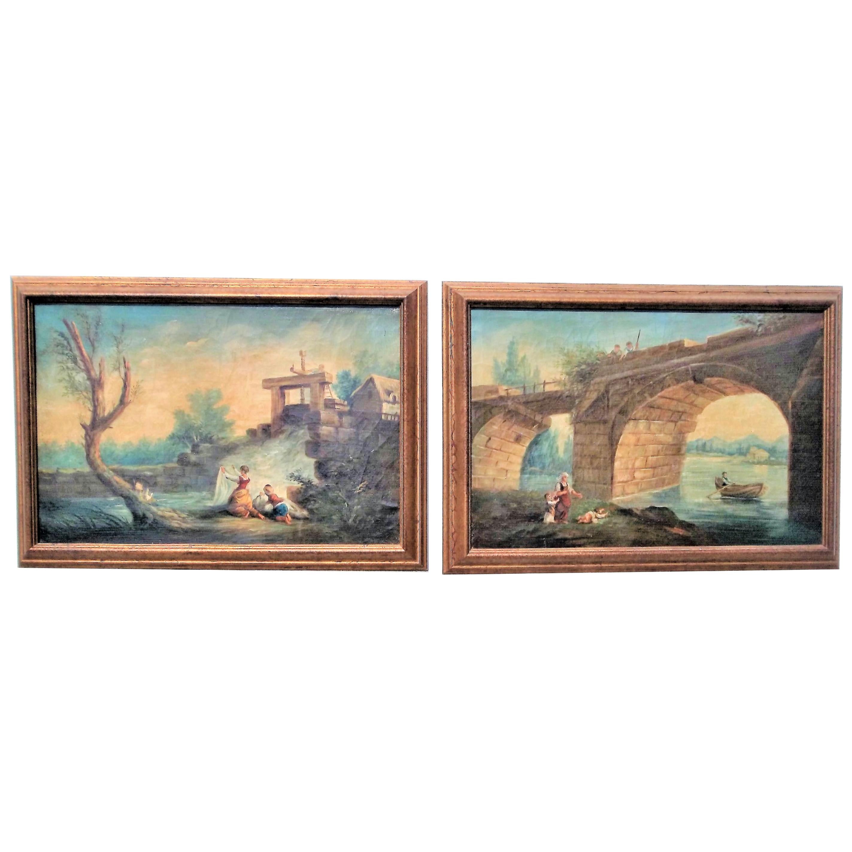 Pair of Rococo Style Landscapes  After Francois Boucher Oils on Canvas