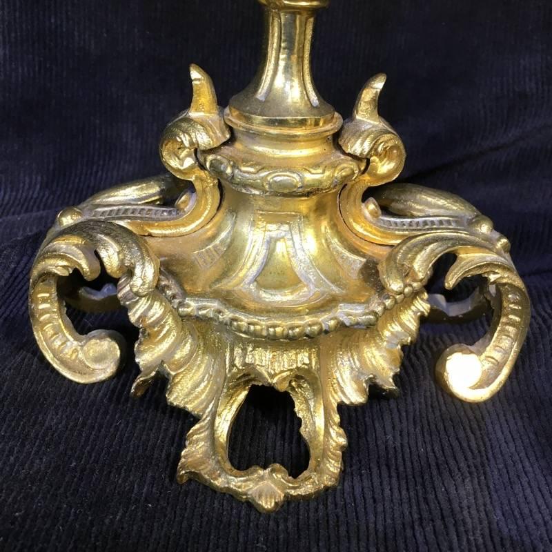 Pair of Rococo style ormolu candlesticks, with nicely detailed scrollwork. Unmarked, circa 1880.