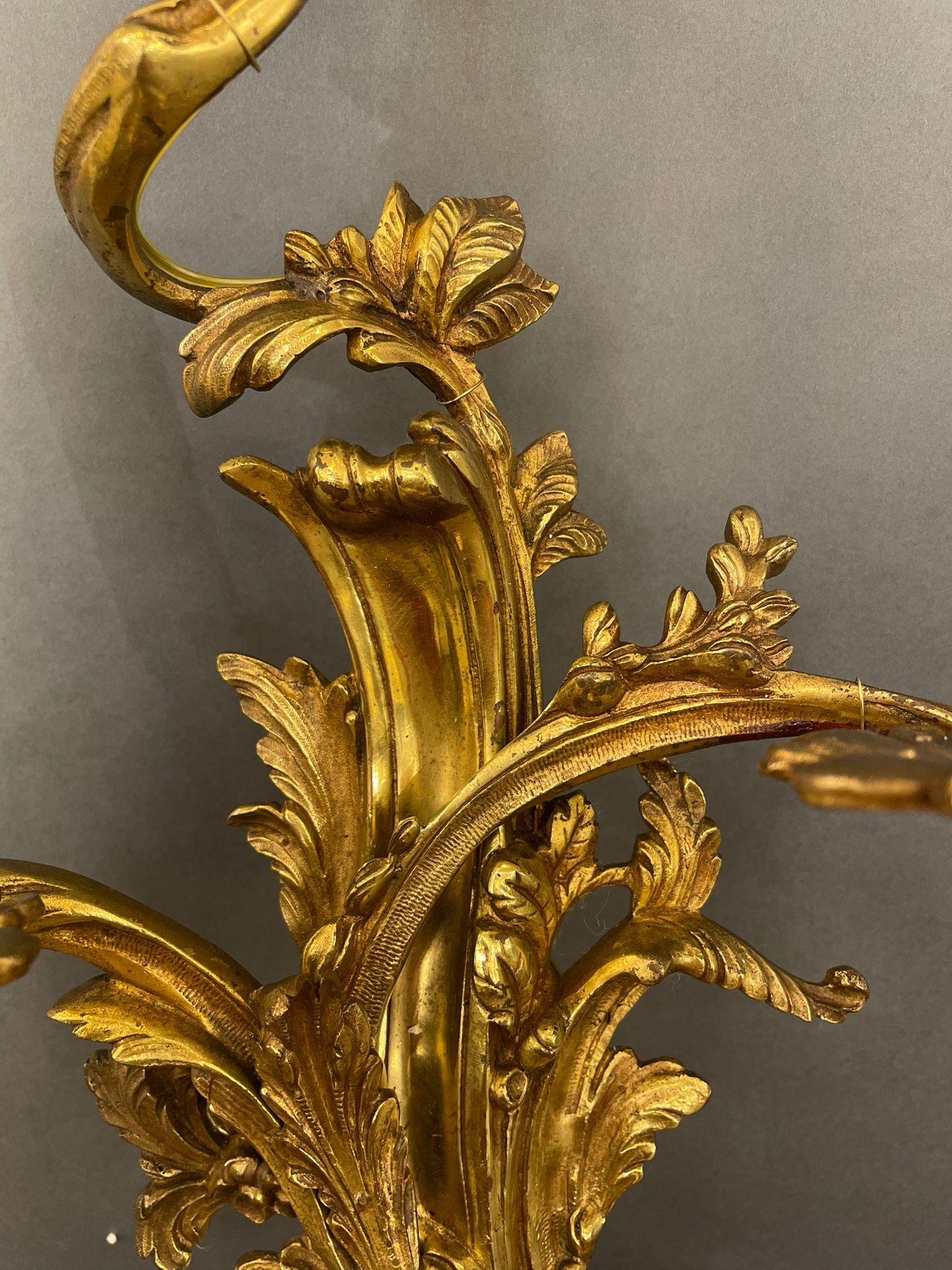 French Pair of Rococo Style Ormolu Wall Lights For Sale