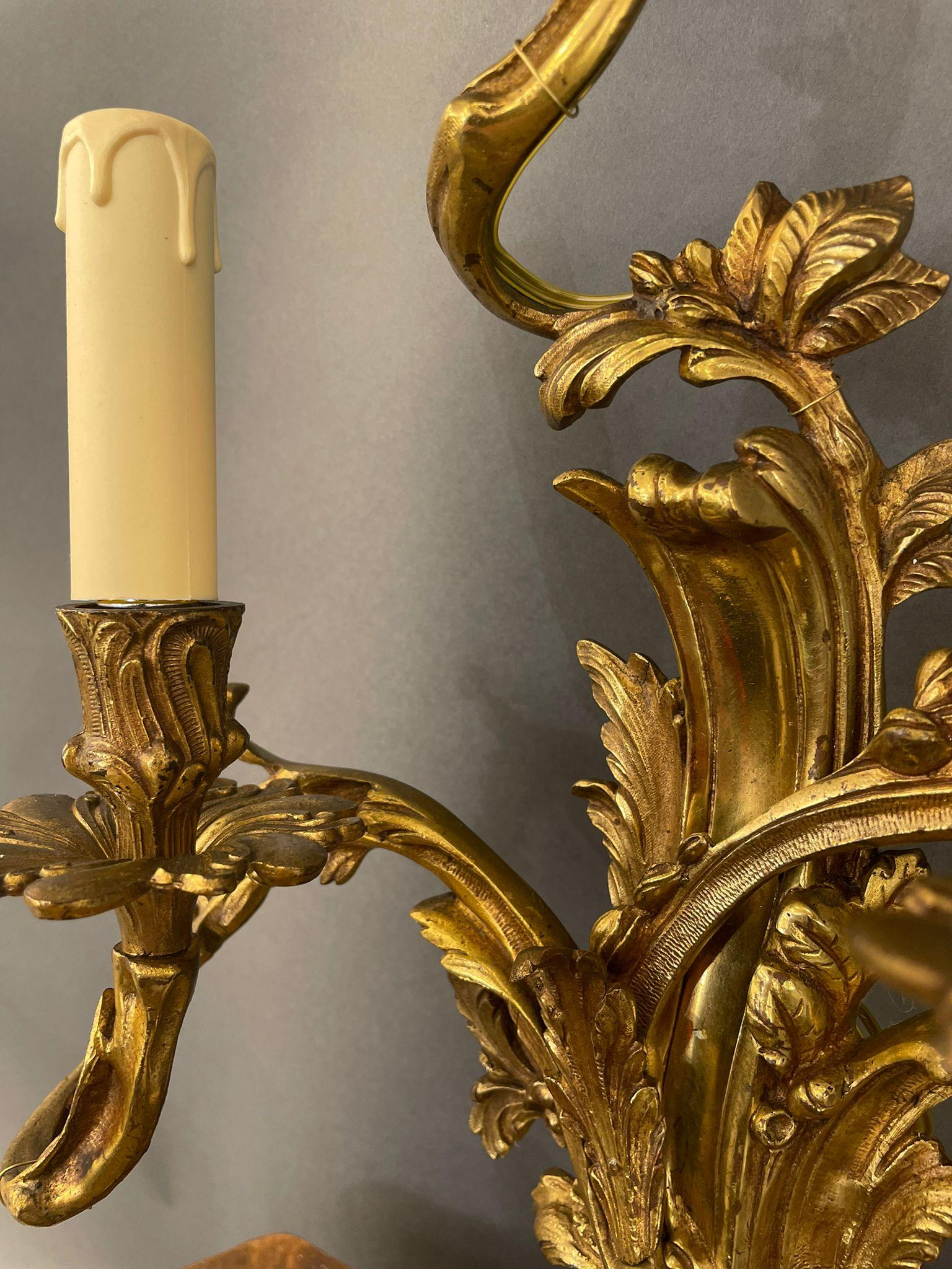 Bronze Pair of Rococo Style Ormolu Wall Lights For Sale