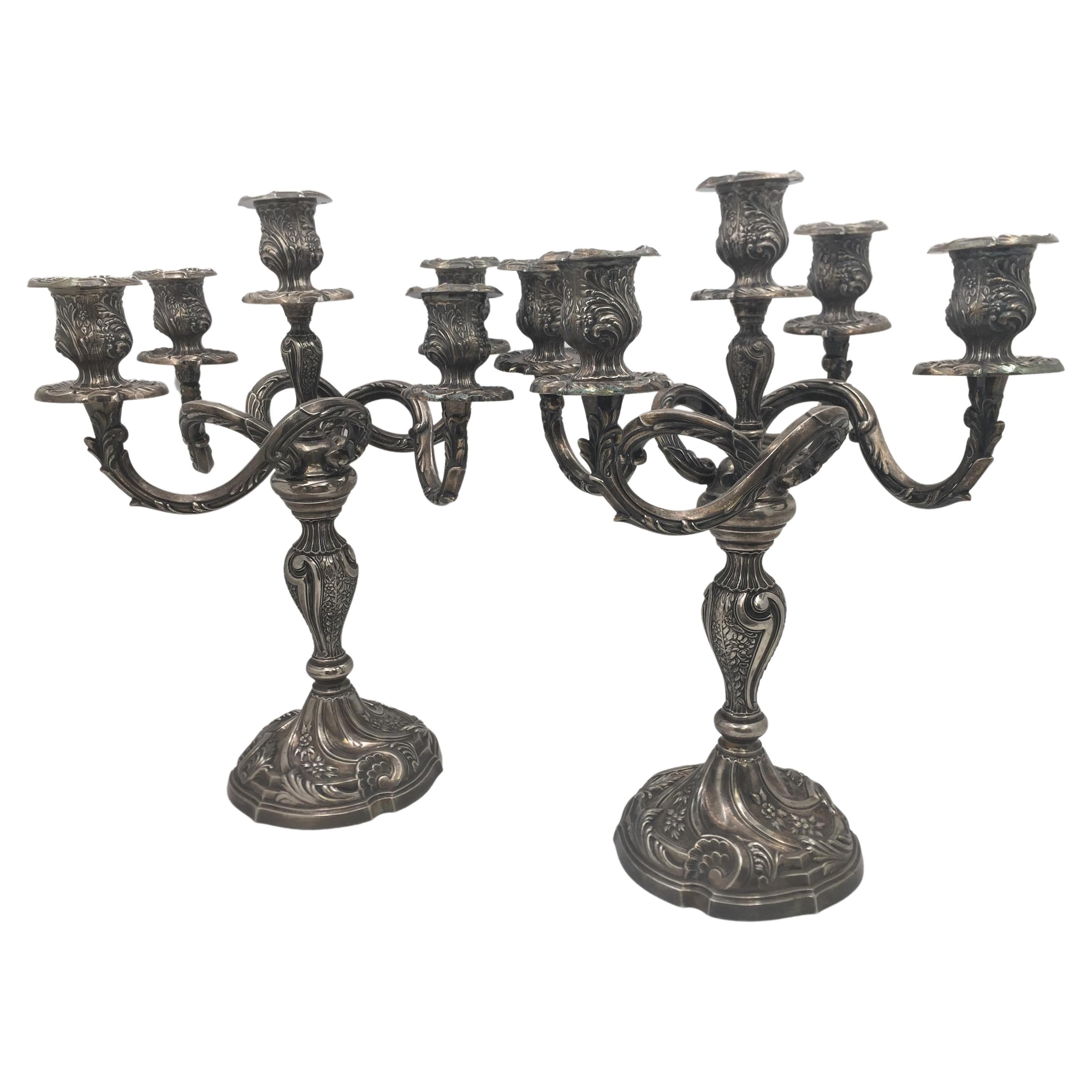 Pair of Rococo Style Silver 5-Light Candelabra For Sale